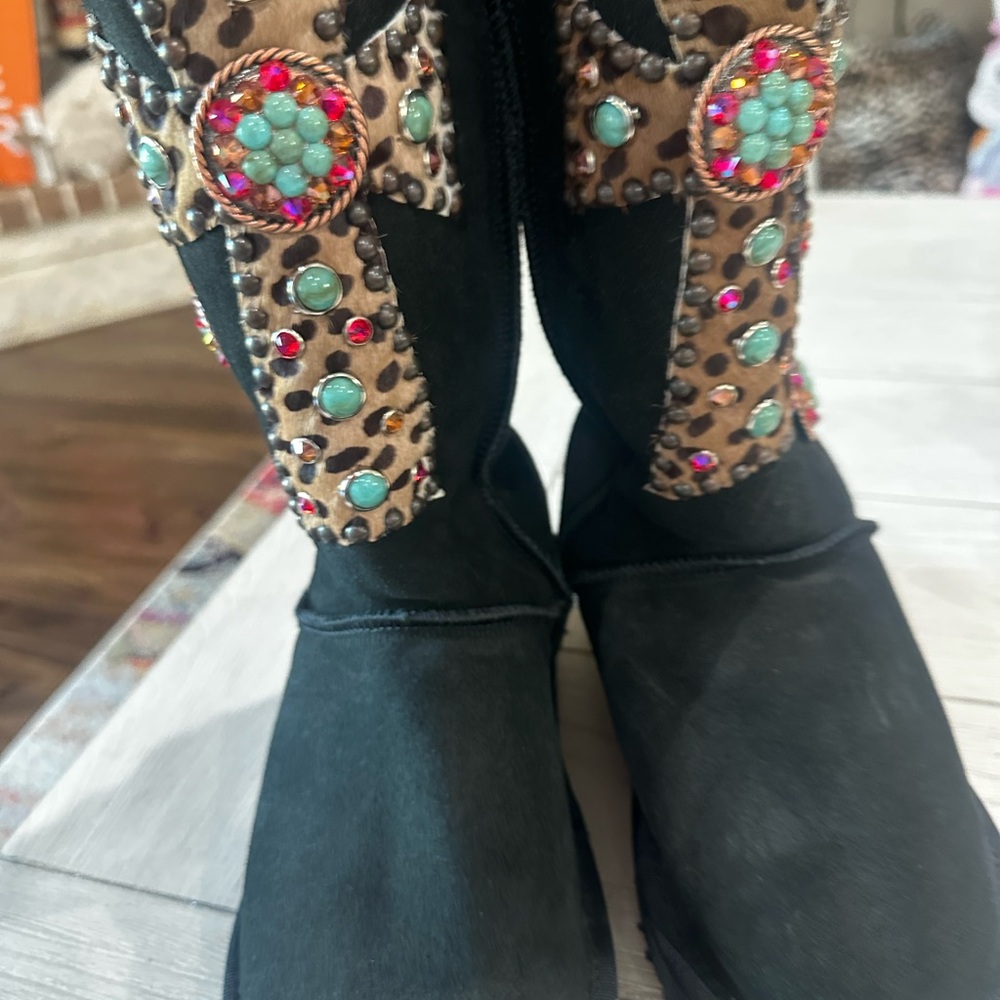 UGG Black Winter Boots with Leopard Trim and Turquoise Accents